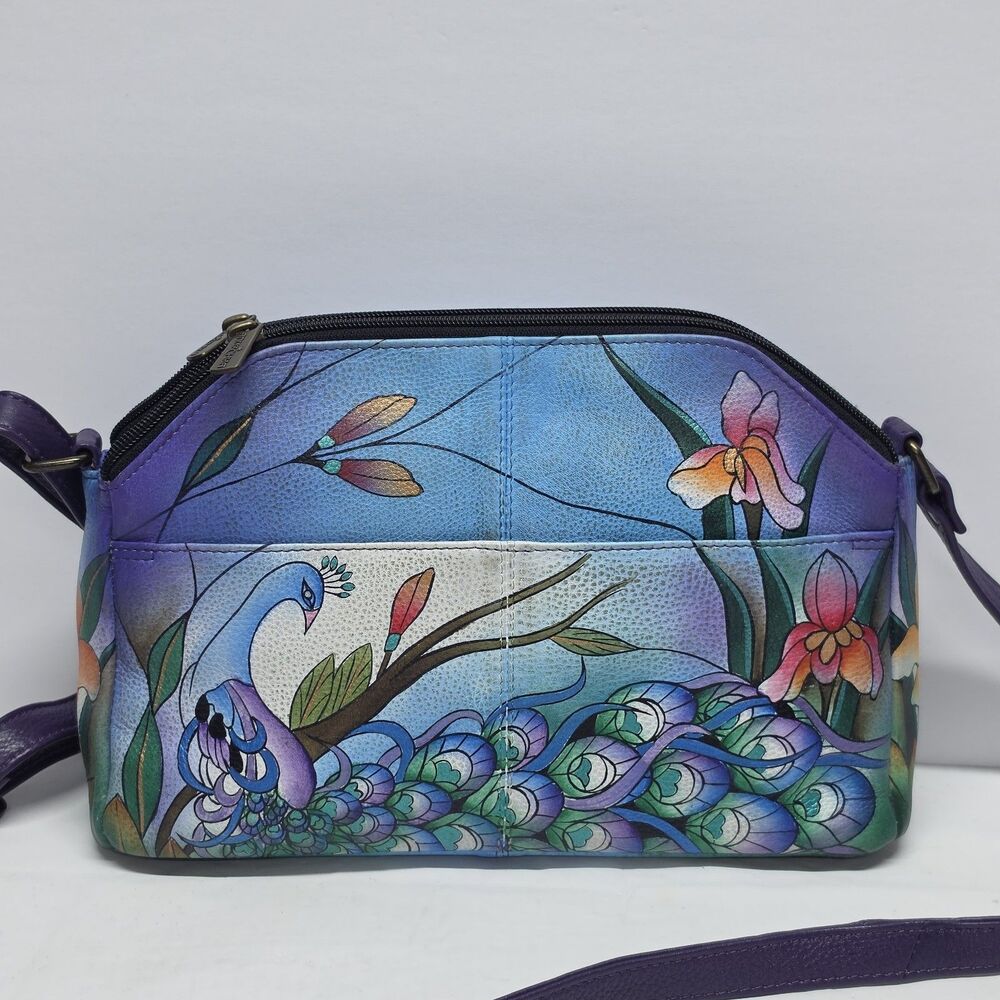 Anuschka Midnight Peacock Twin Top Multi Compartment Crossbody Leather Bag
